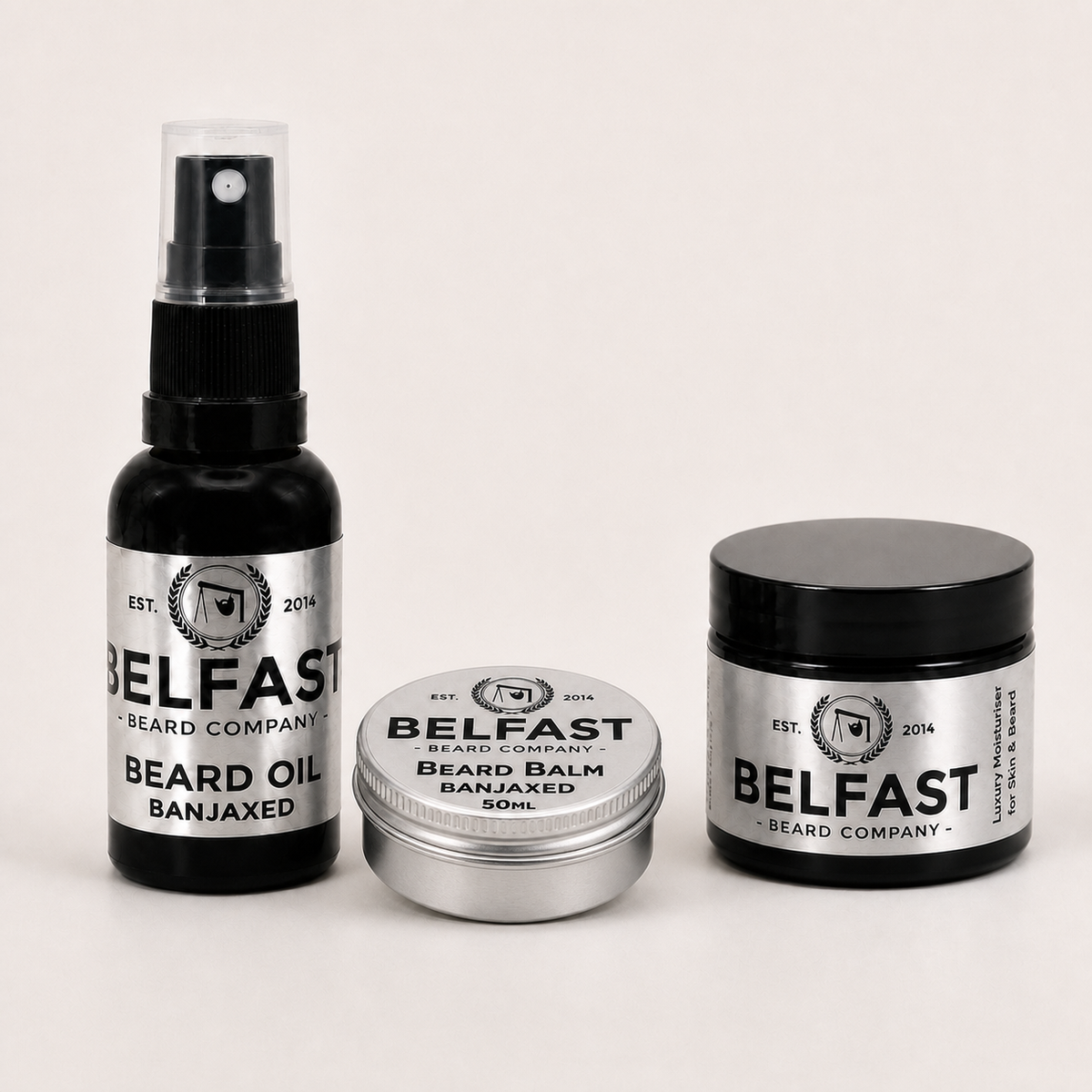 Beard Balm, Oil and Luxury Moisturiser Combo shown on a clean background