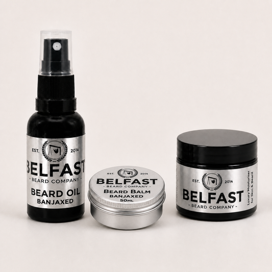 Beard Balm, Oil and Luxury Moisturiser Combo shown on a clean background