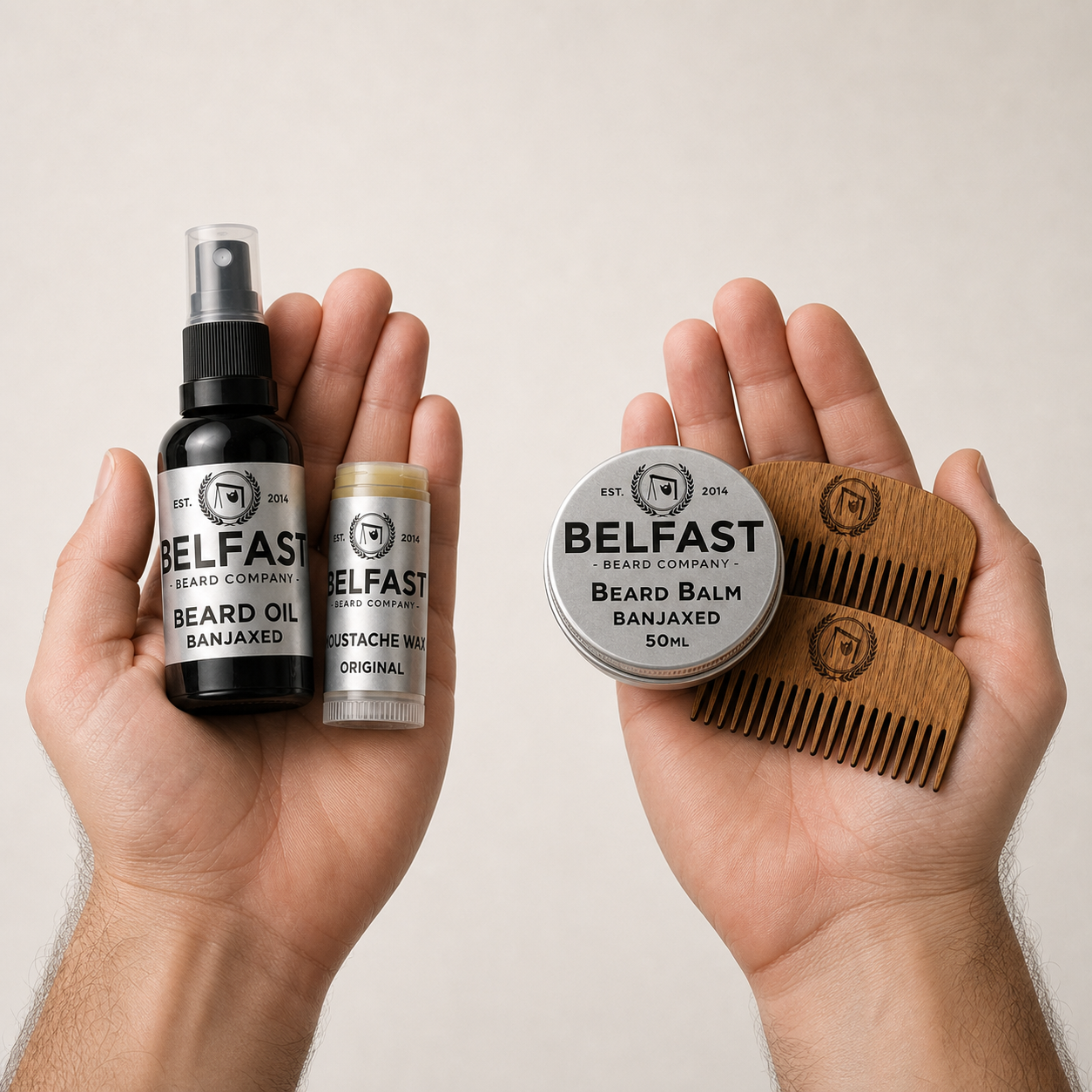 Beard Care Set held in a hand to show its size