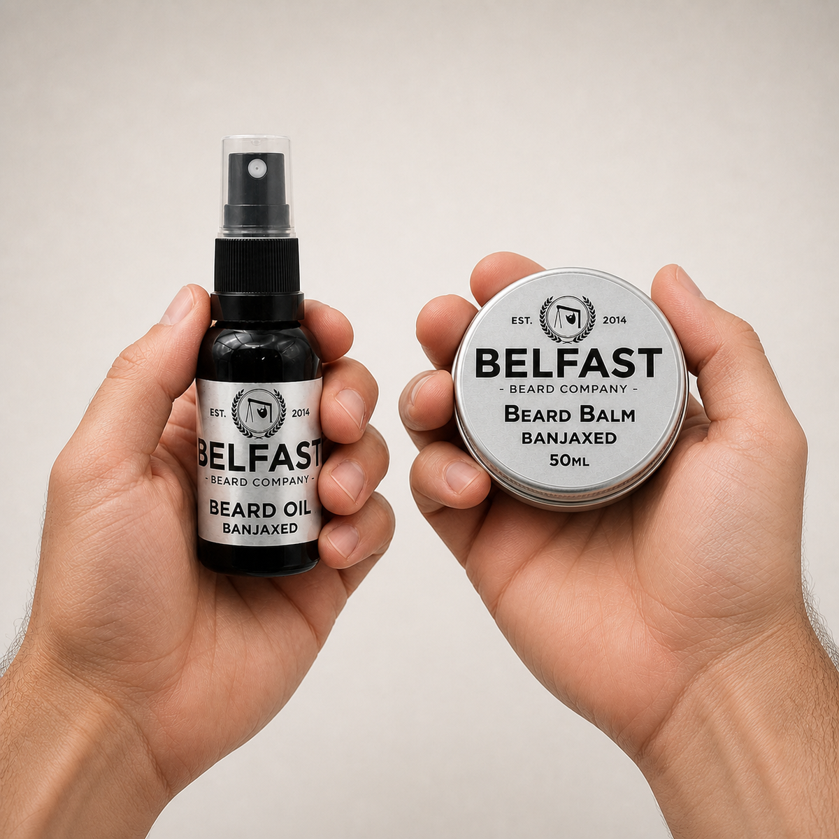 Beard Oil & Balm Combo held in a hand to show its size