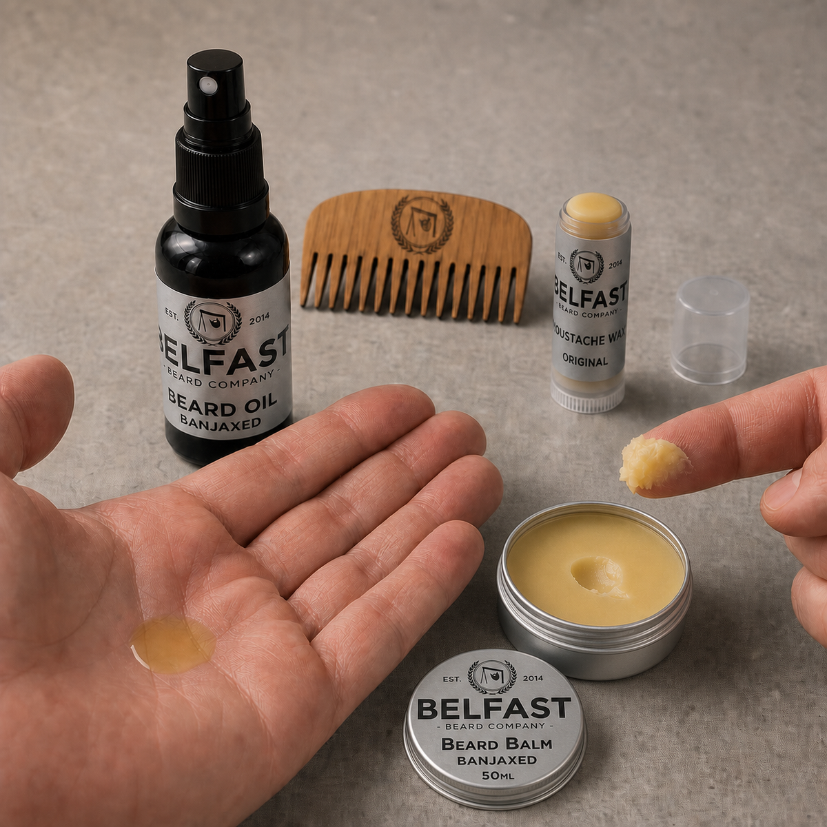 Close-up of the texture and contents of Beard Care Set