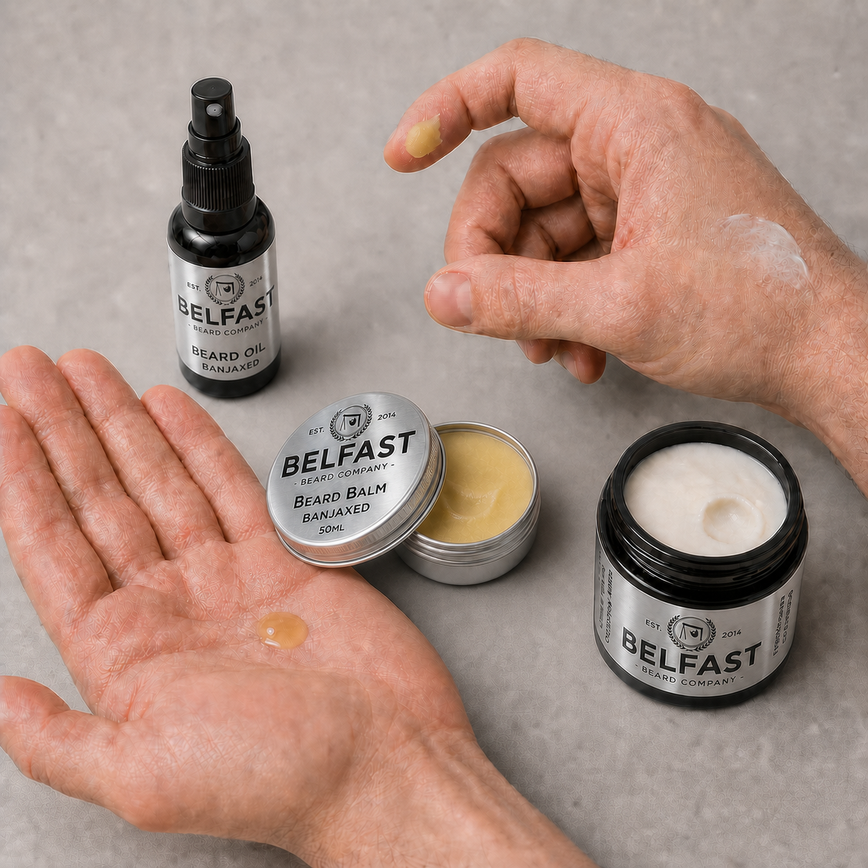 Close-up of the texture and contents of Beard Balm, Oil and Luxury Moisturiser Combo