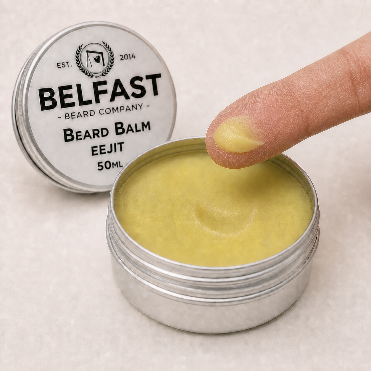 Close-up of the texture and contents of Eejit Beard Balm 50ml