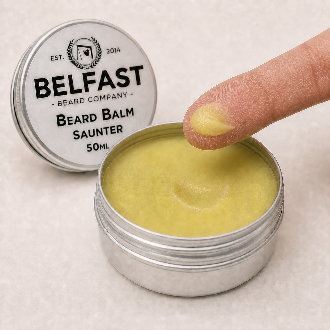 Close-up of the texture and contents of Saunter Beard Balm 50ml