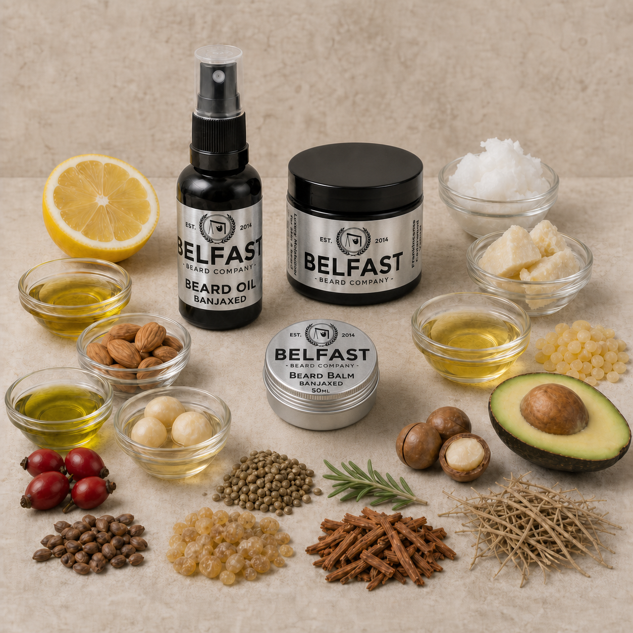 Ingredients used to make Beard Balm, Oil and Luxury Moisturiser Combo