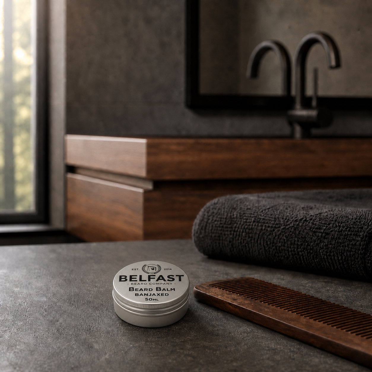 Banjaxed Beard Balm 50ml displayed in a bathroom setting
