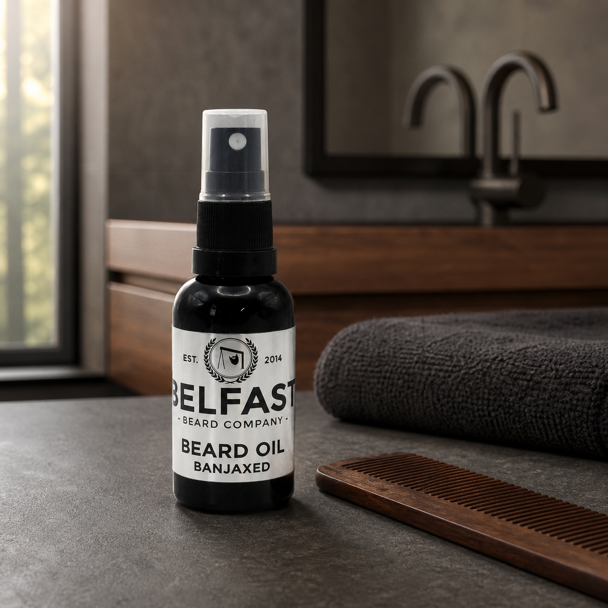 Banjaxed Beard Oil 30ml displayed in a bathroom setting