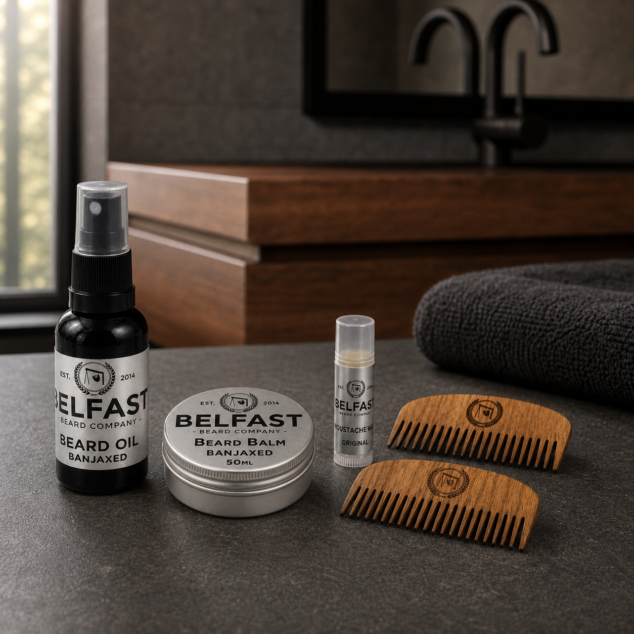 Beard Care Set displayed in a bathroom setting