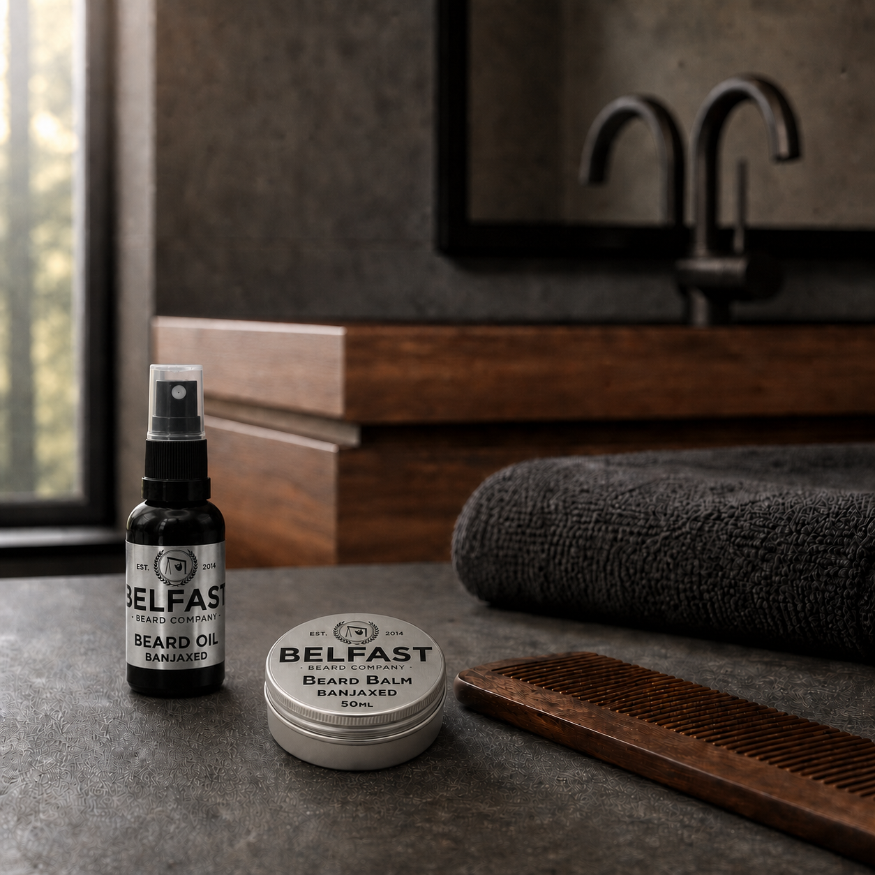 Beard Oil & Balm Combo displayed in a bathroom setting
