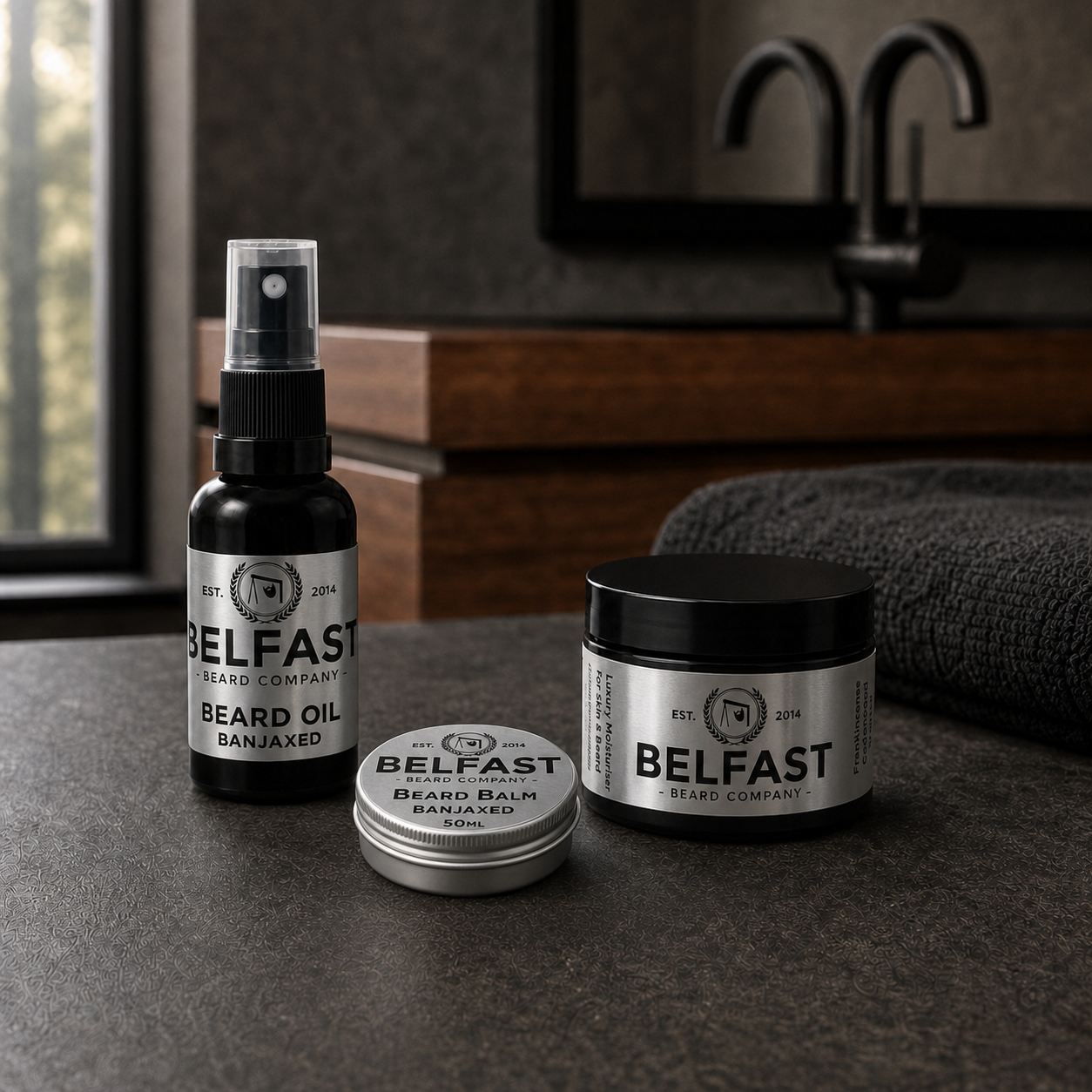 Beard Balm, Oil and Luxury Moisturiser Combo displayed in a bathroom setting