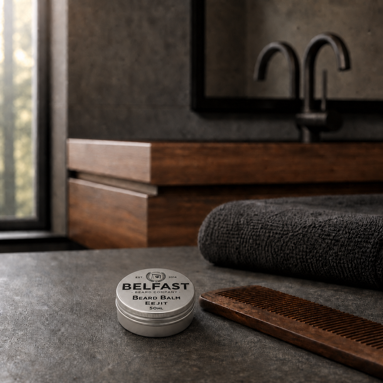 Eejit Beard Balm 50ml displayed in a bathroom setting