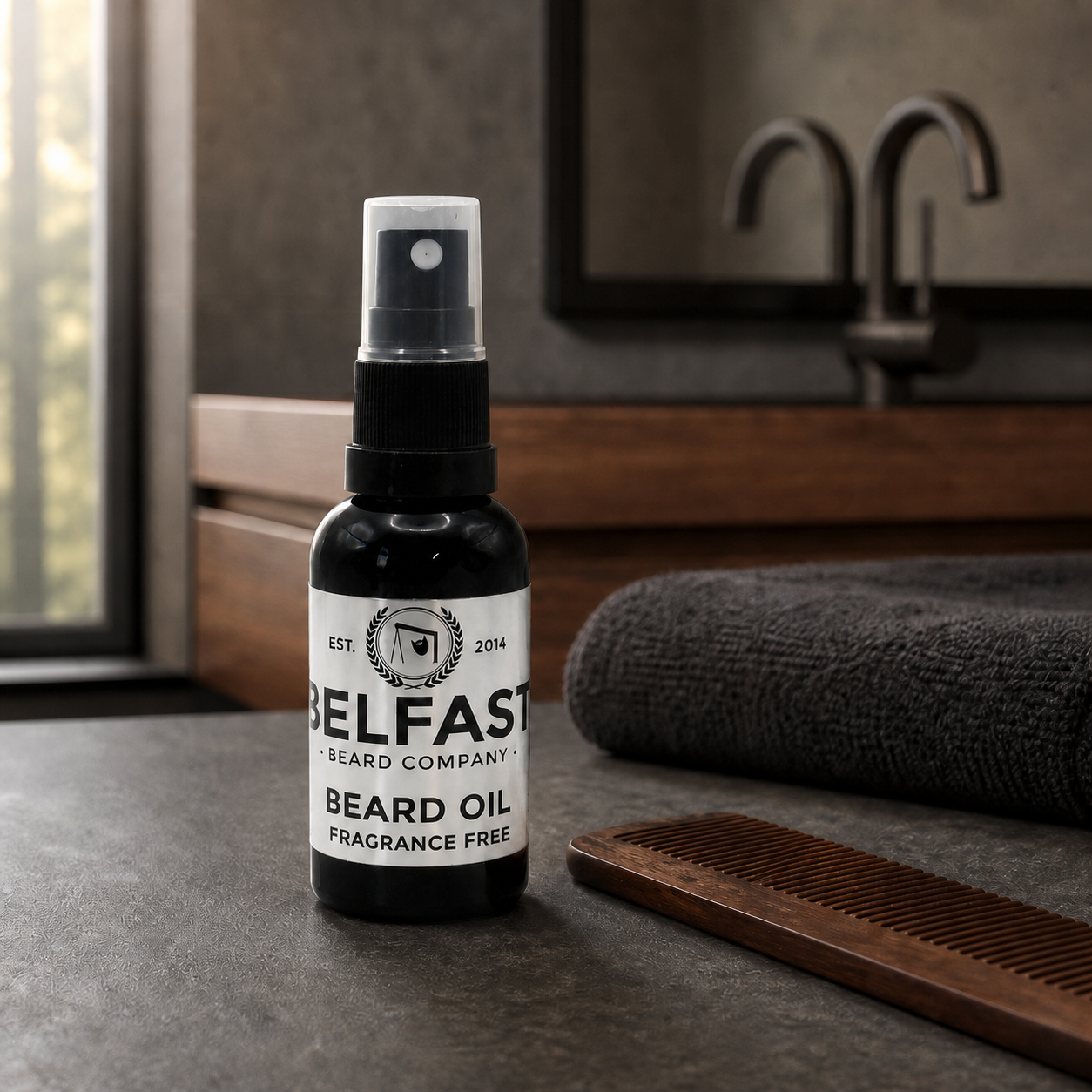 Fragrance-Free Beard Oil 30ml displayed in a bathroom setting