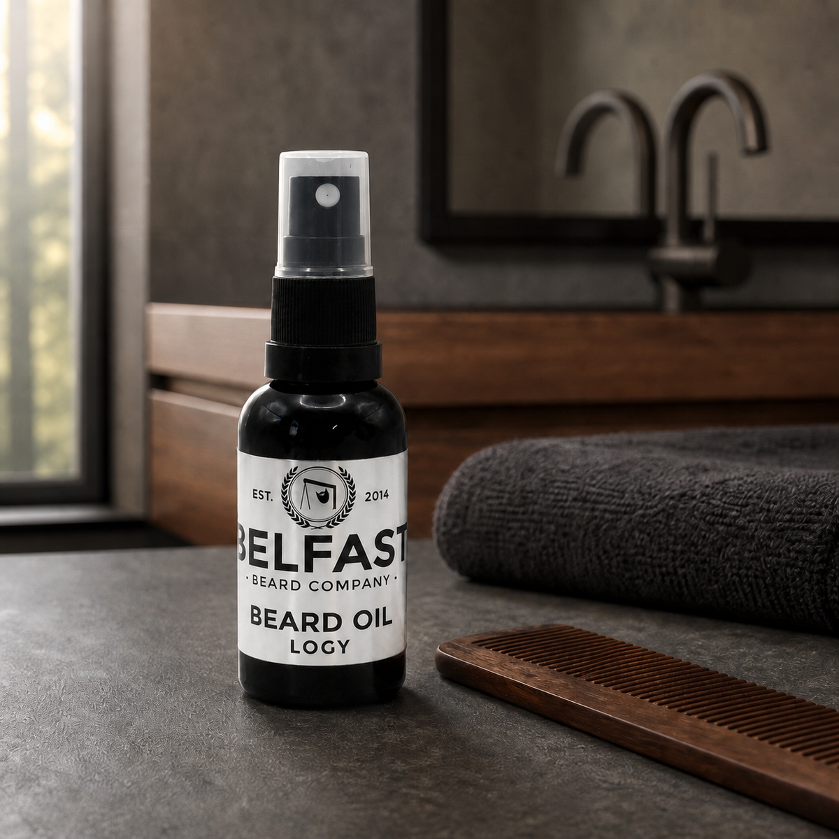 Logy Beard Oil 30ml displayed in a bathroom setting