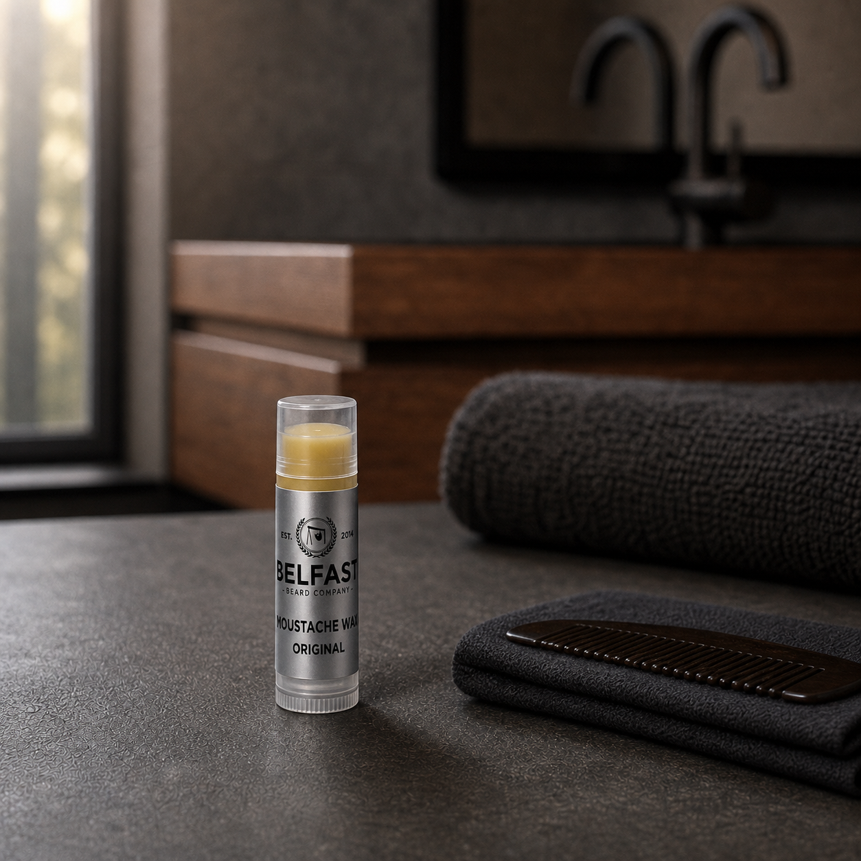 Original Lippy Moustache Wax 5ml displayed in a bathroom setting