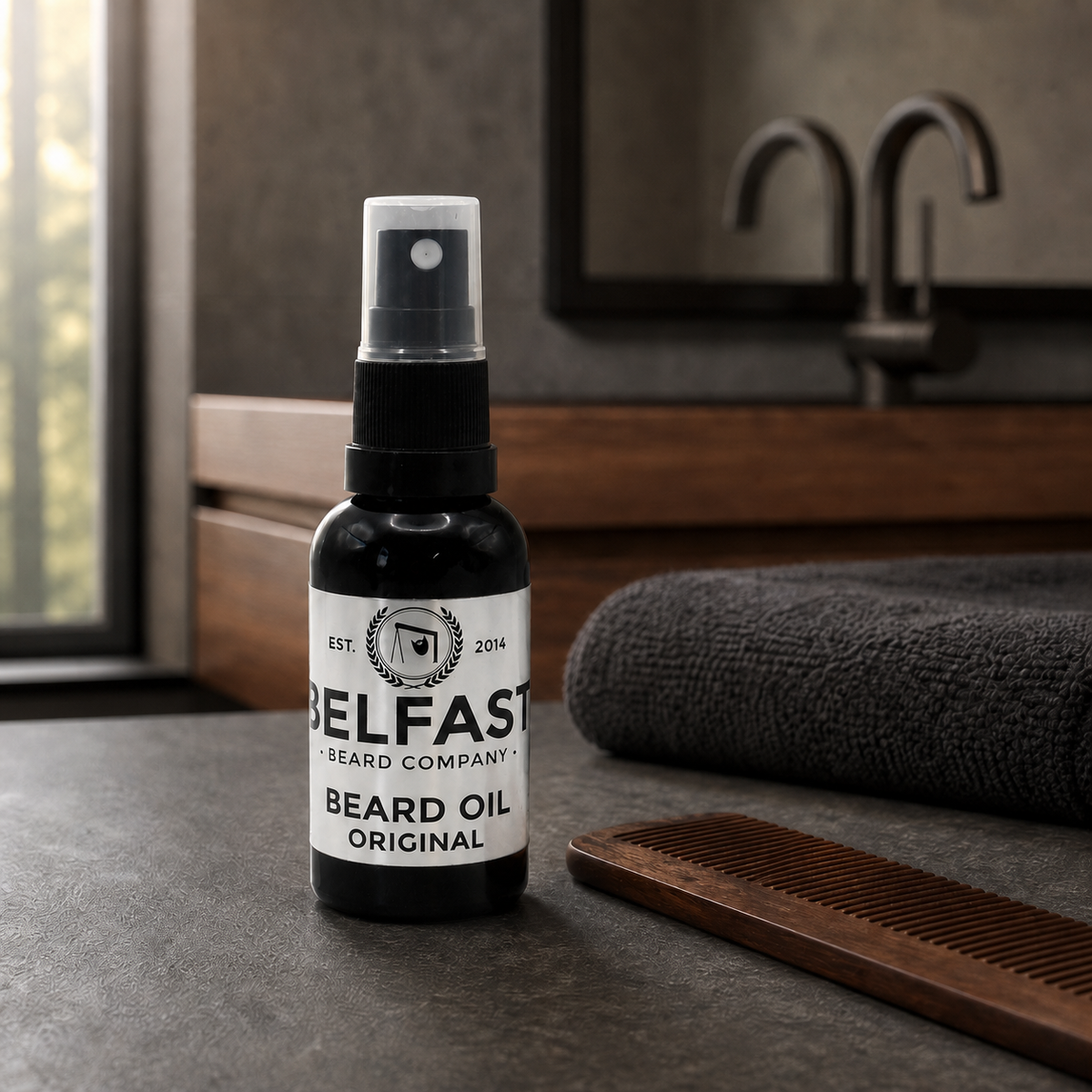 Original Beard Oil 30ml displayed in a bathroom setting