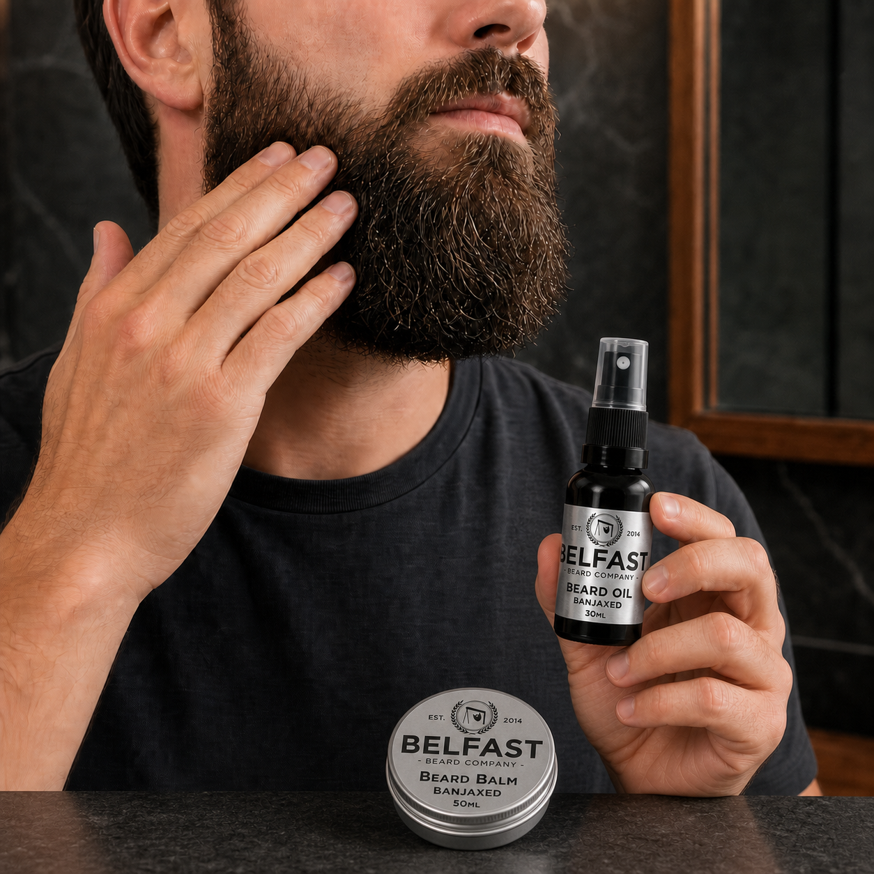 Beard Oil & Balm Combo being applied during a beard-care routine