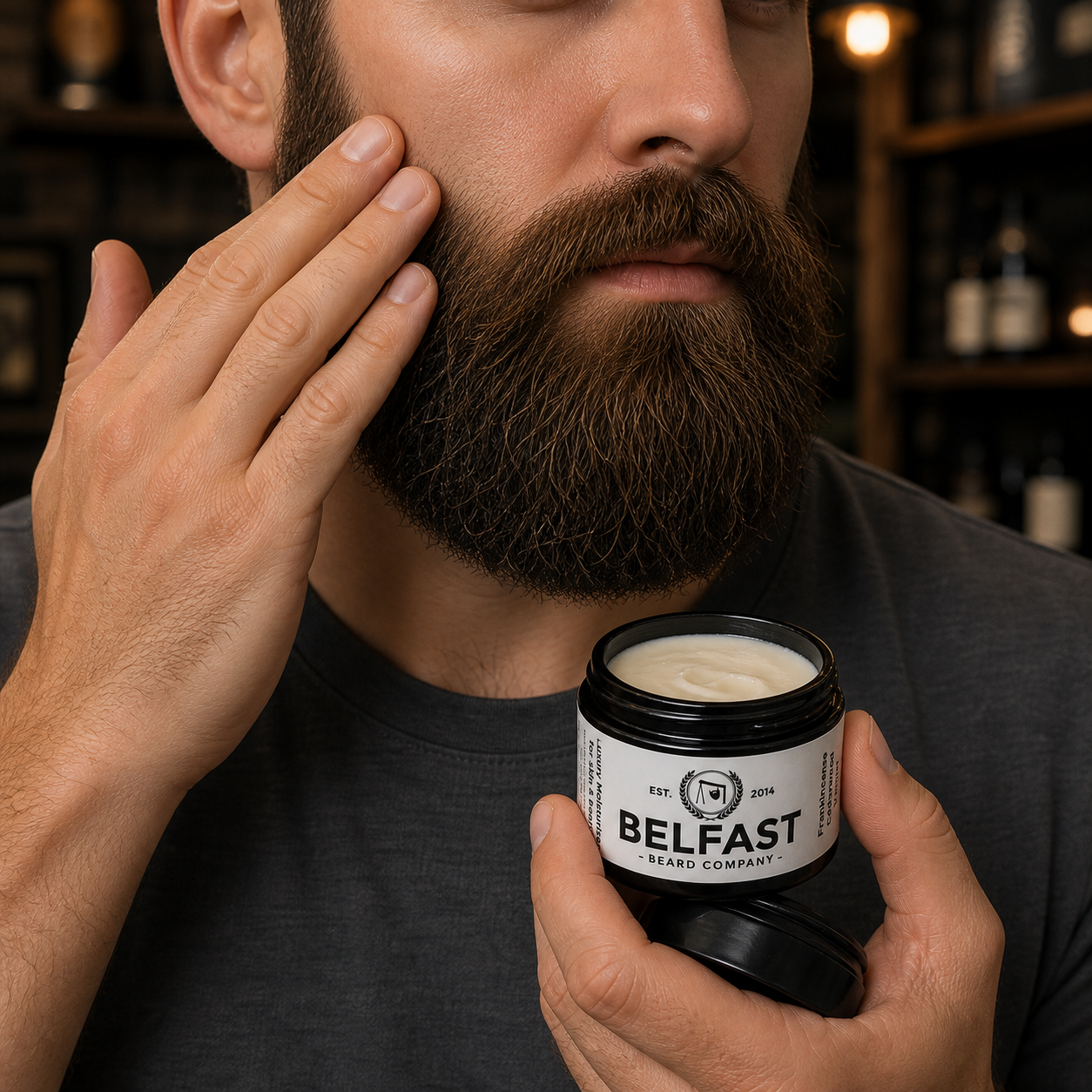 Luxury Moisturiser 50ml being applied during a beard-care routine