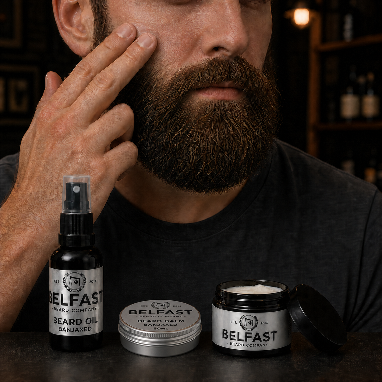 Beard Balm, Oil and Luxury Moisturiser Combo being applied during a beard-care routine