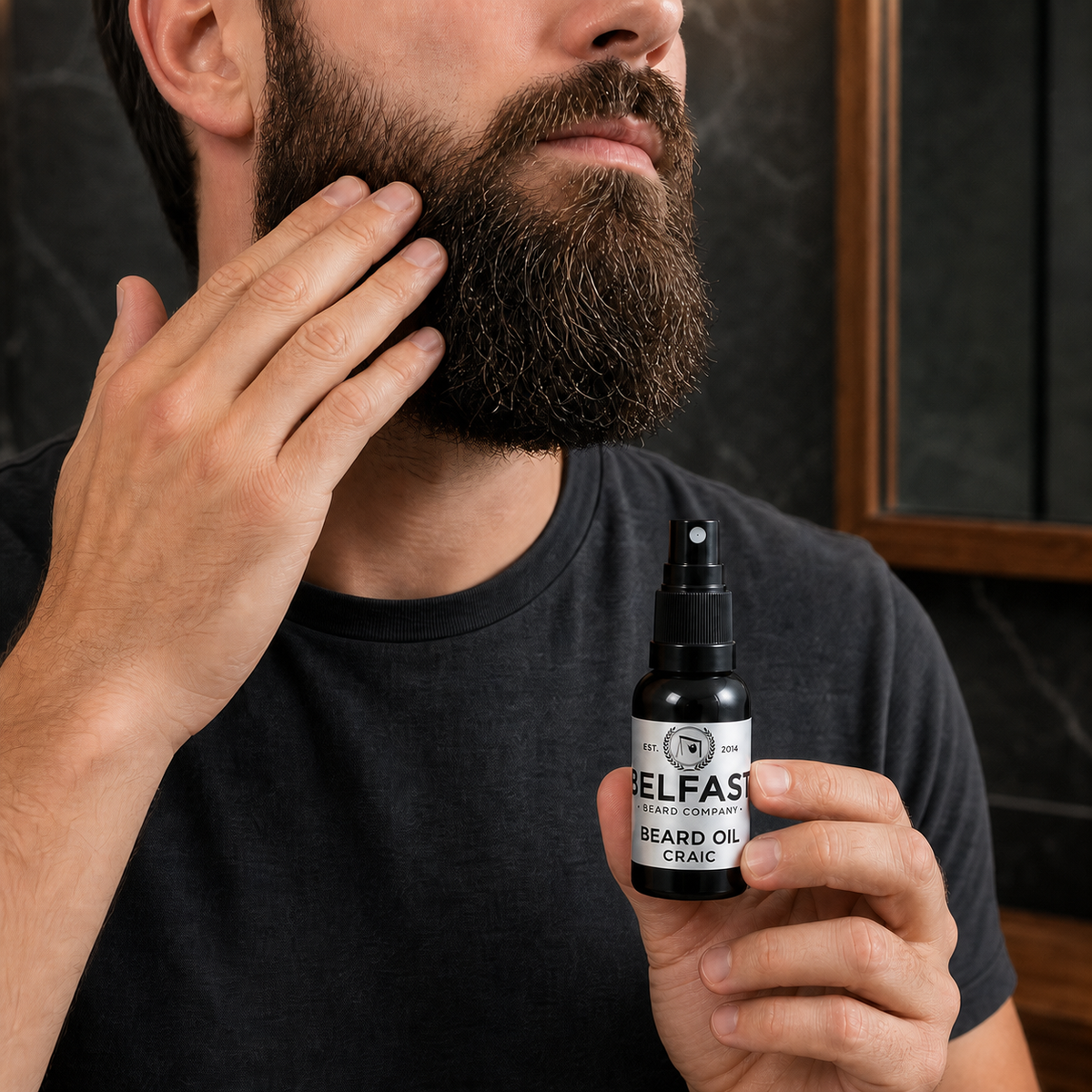 Craic Beard Oil 30ml being applied during a beard-care routine