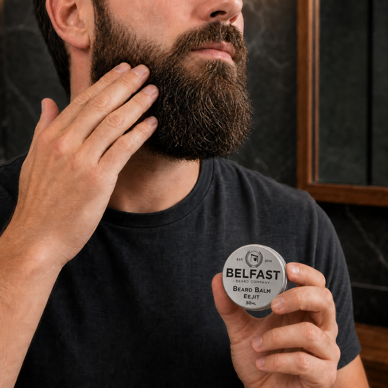 Eejit Beard Balm 50ml being applied during a beard-care routine
