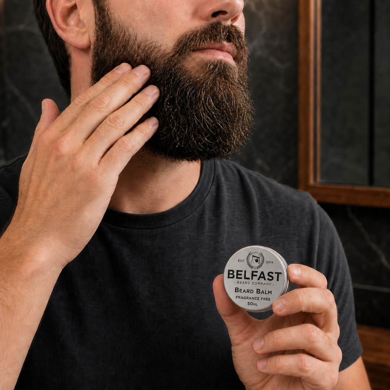 Fragrance-Free Beard Balm 50ml being applied during a beard-care routine