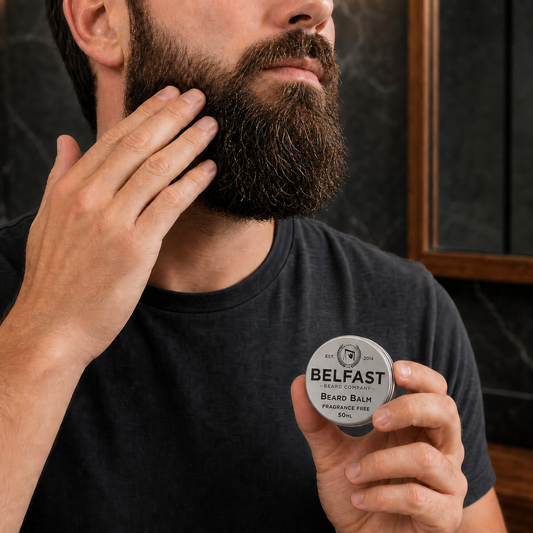 Fragrance-Free Beard Balm 50ml being applied during a beard-care routine