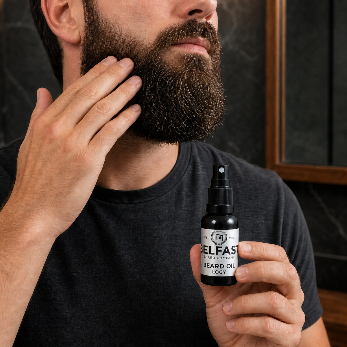 Logy Beard Oil 30ml being applied during a beard-care routine