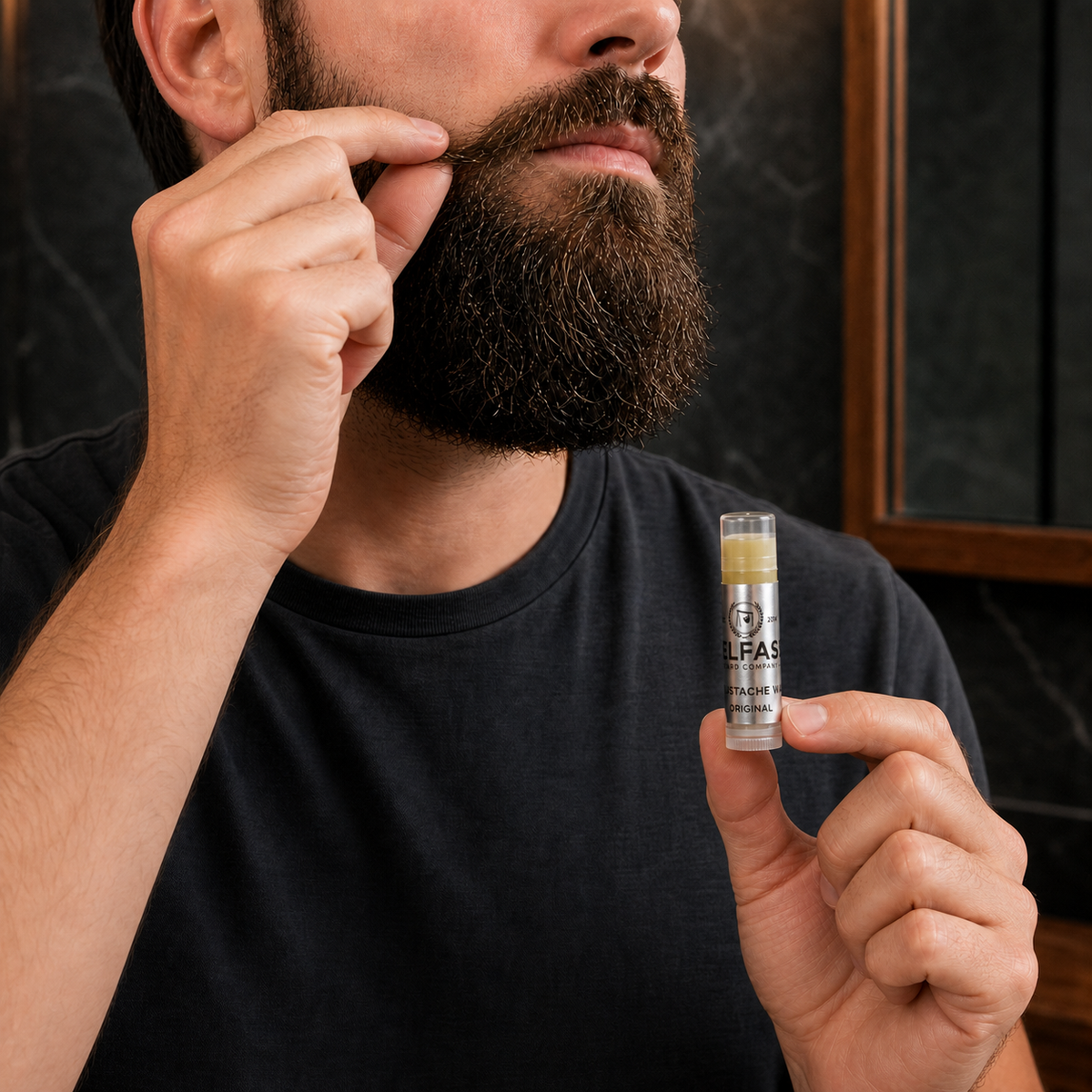 Original Lippy Moustache Wax 5ml being applied during a beard-care routine