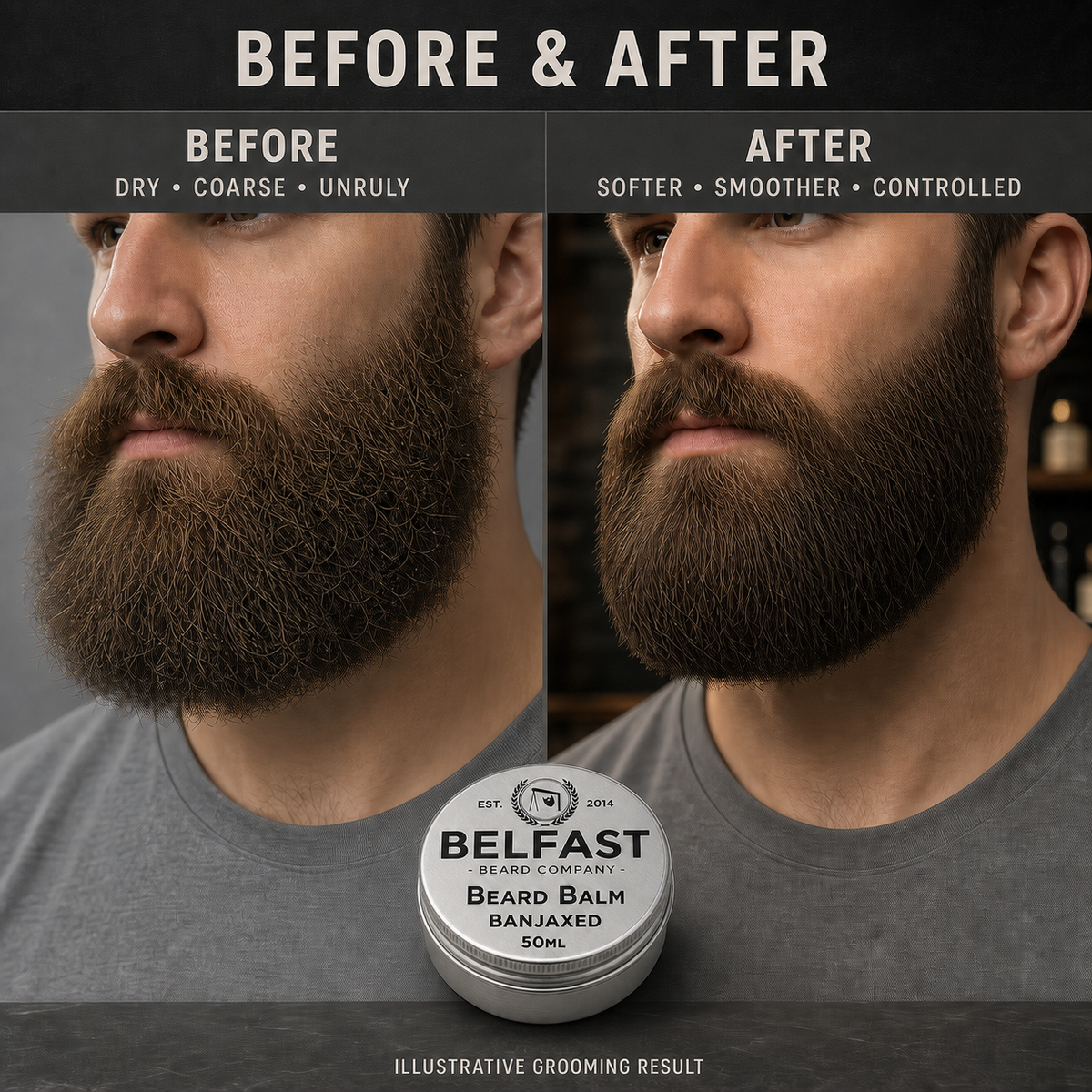 Before-and-after beard grooming comparison featuring Banjaxed Beard Balm 50ml