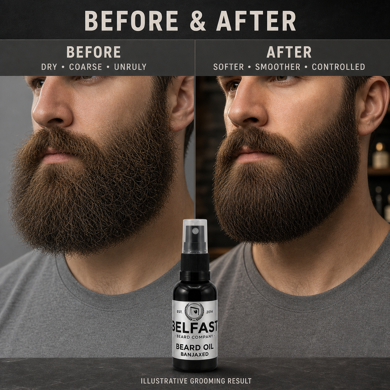 Before-and-after beard grooming comparison featuring Banjaxed Beard Oil 30ml