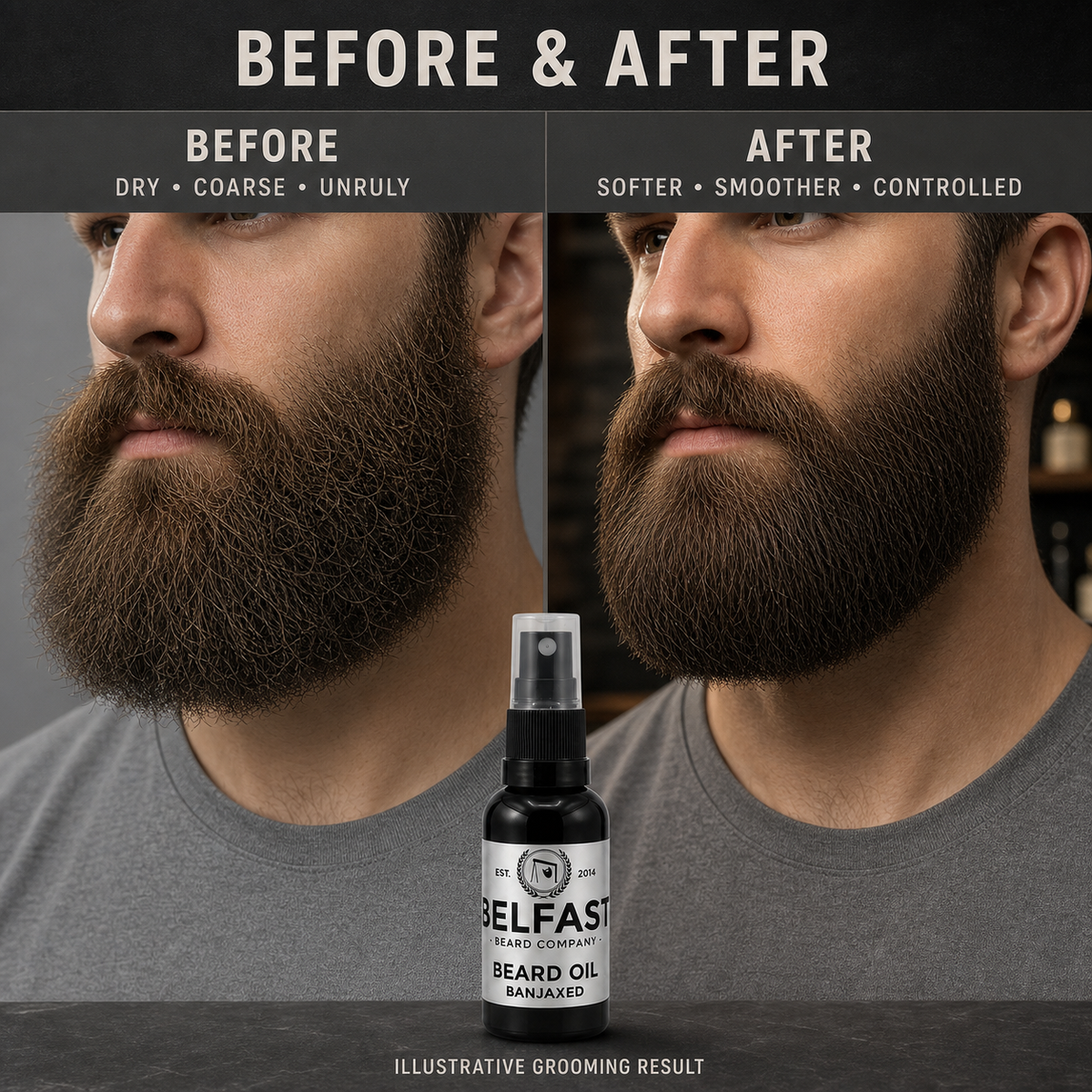 Before-and-after beard grooming comparison featuring Banjaxed Beard Oil 30ml