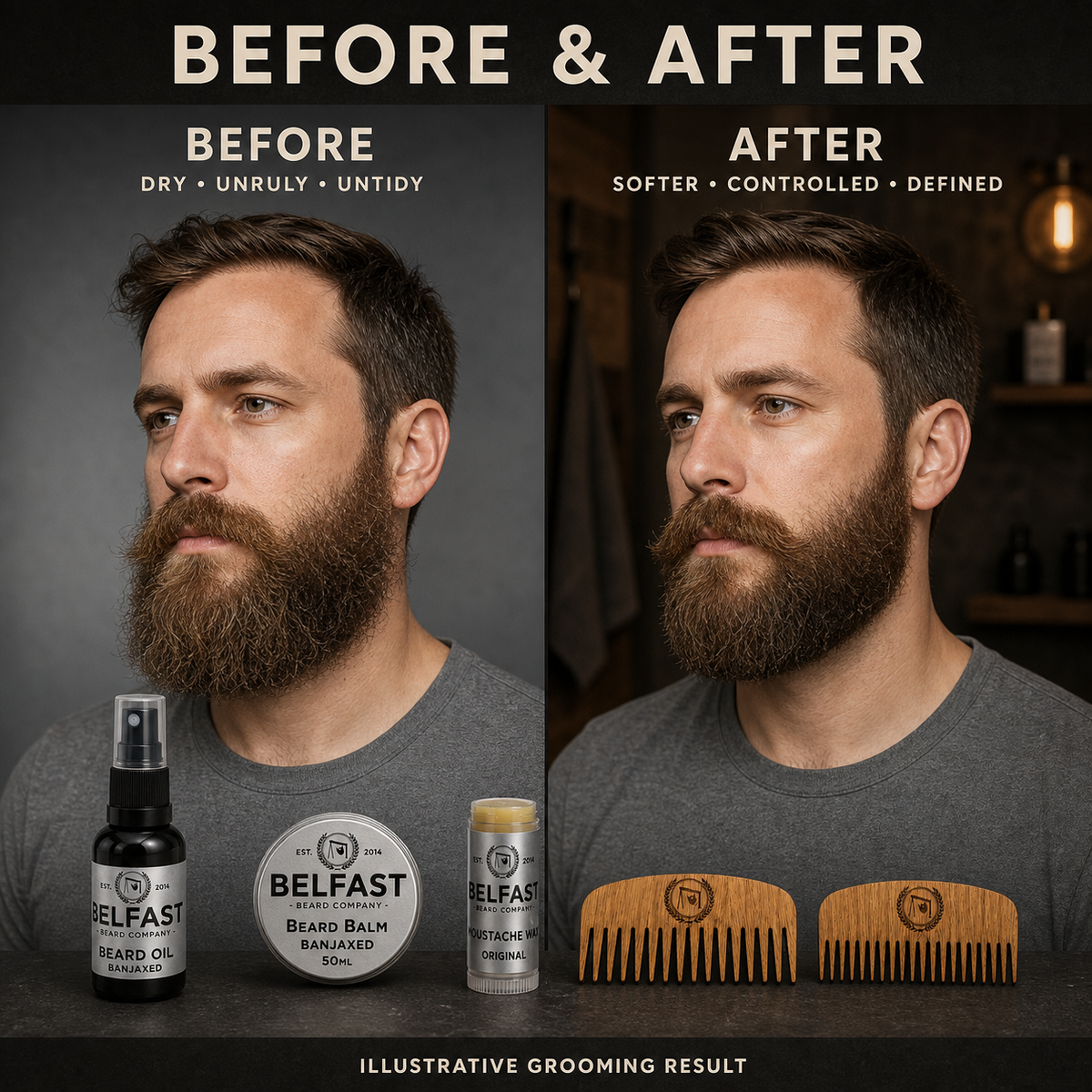Before-and-after beard grooming comparison featuring Beard Care Set