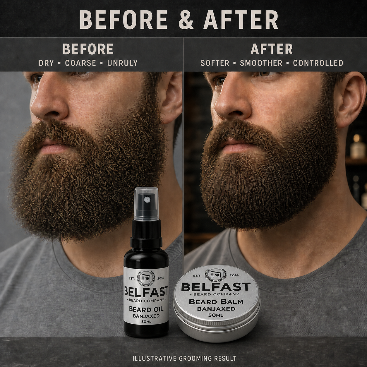 Before-and-after beard grooming comparison featuring Beard Oil & Balm Combo