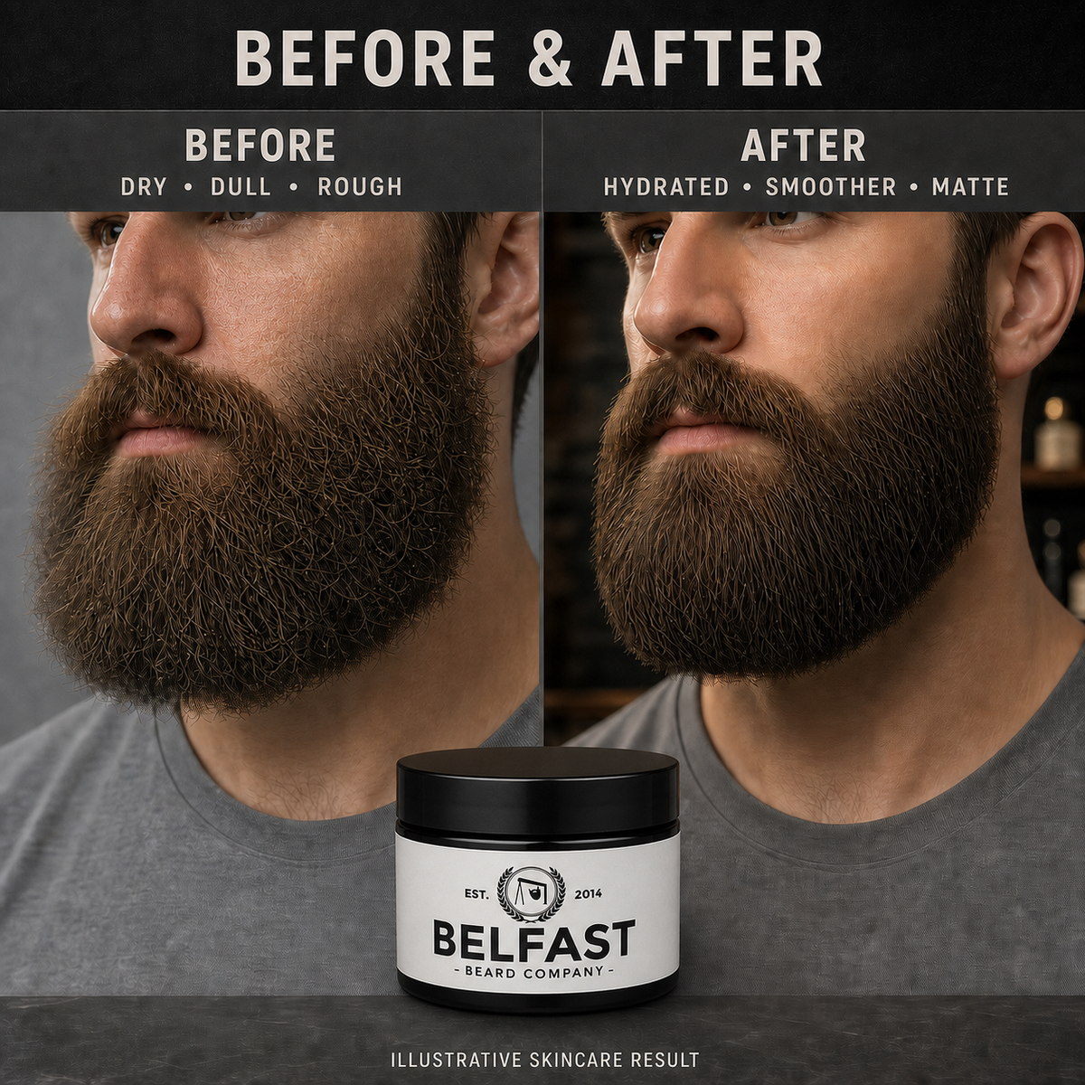 Before-and-after beard grooming comparison featuring Luxury Moisturiser 50ml