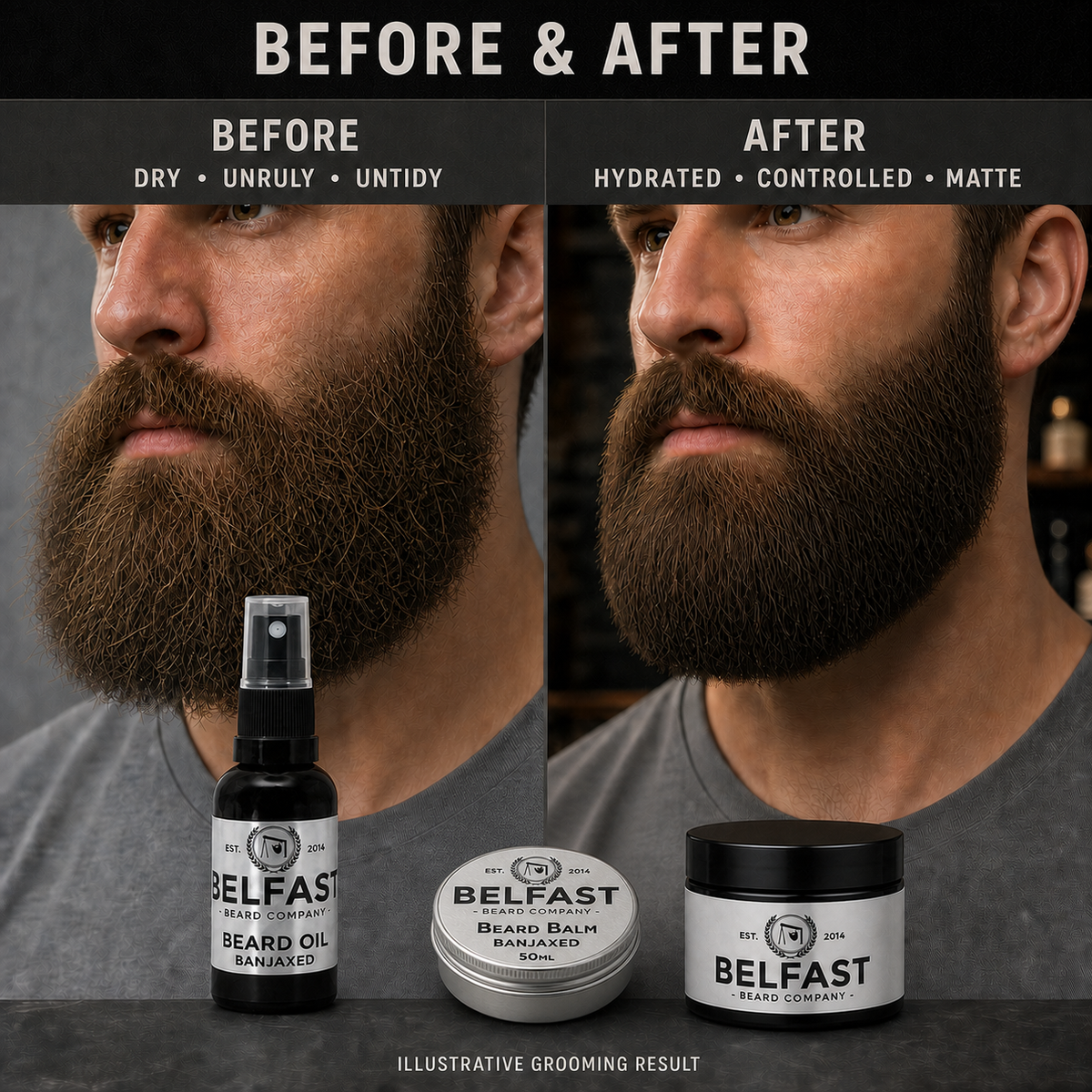 Before-and-after beard grooming comparison featuring Beard Balm, Oil and Luxury Moisturiser Combo