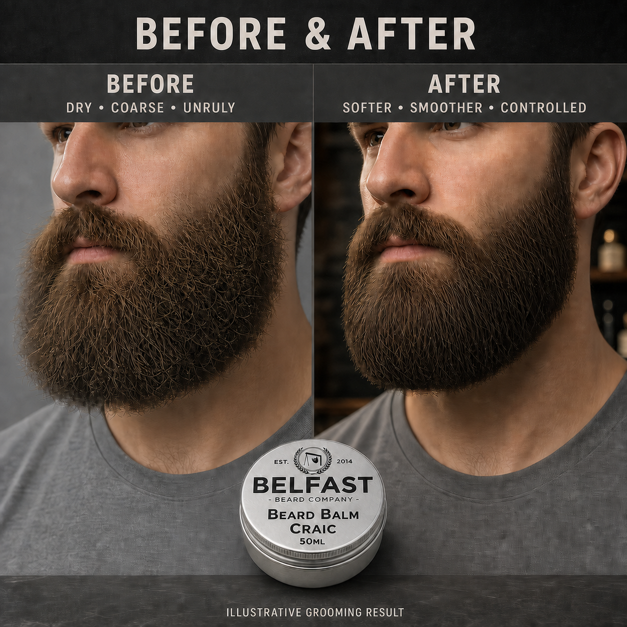 Before-and-after beard grooming comparison featuring Craic Beard Balm 50ml