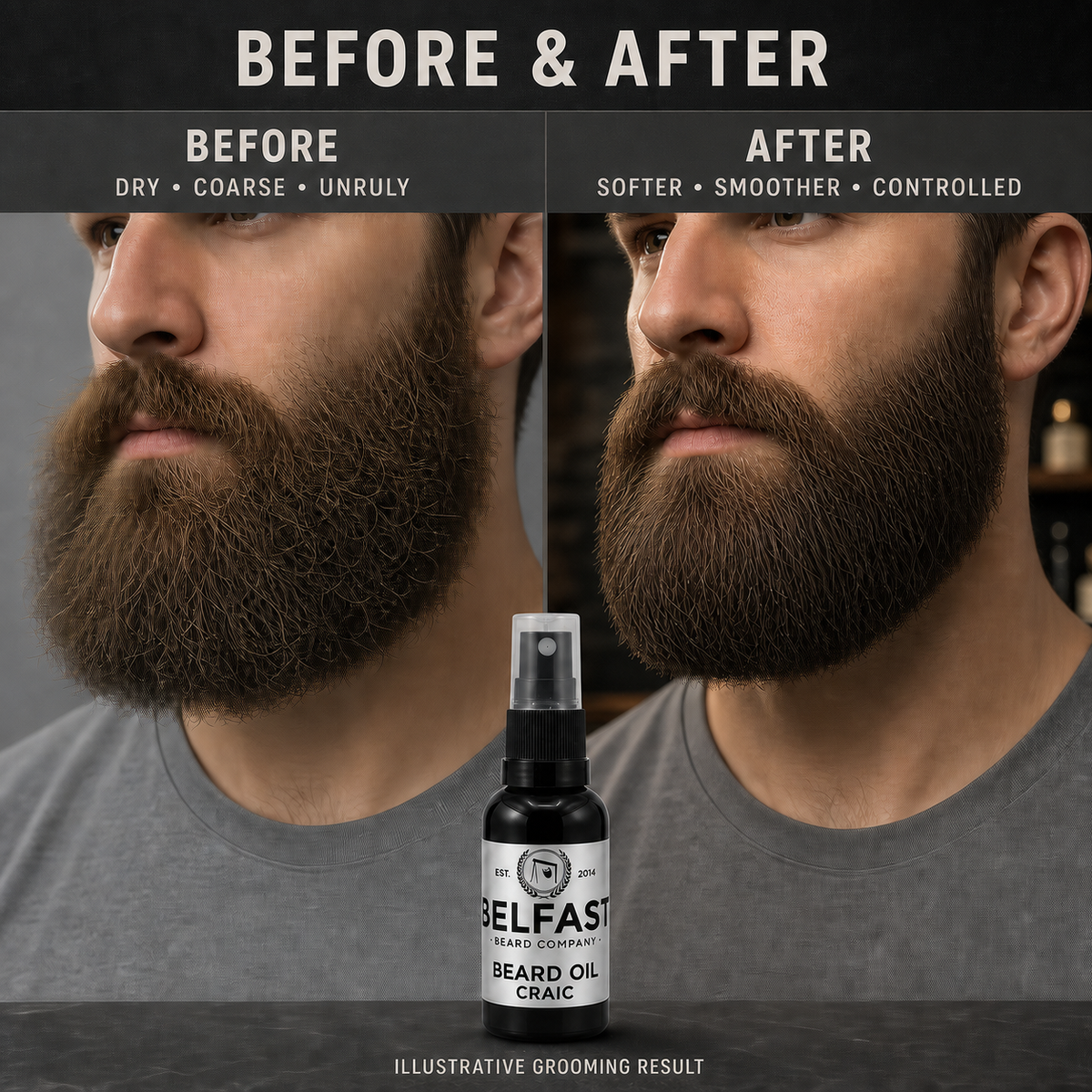 Before-and-after beard grooming comparison featuring Craic Beard Oil 30ml