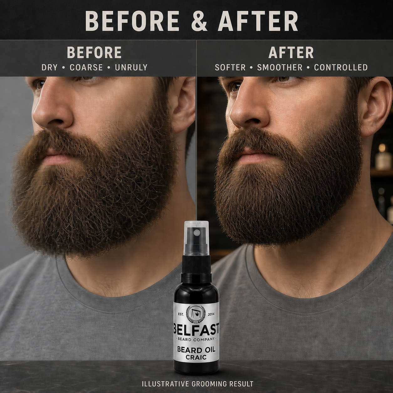 Before-and-after beard grooming comparison featuring Craic Beard Oil 30ml