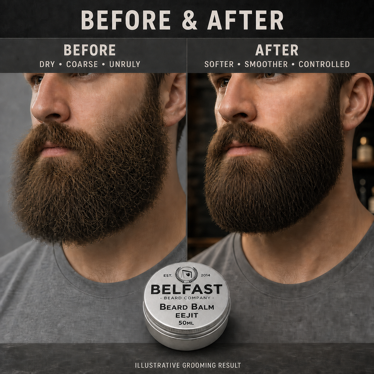 Before-and-after beard grooming comparison featuring Eejit Beard Balm 50ml
