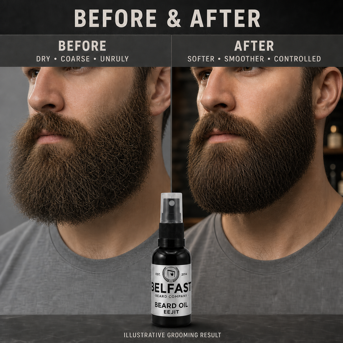 Before-and-after beard grooming comparison featuring Eejit Beard Oil 30ml