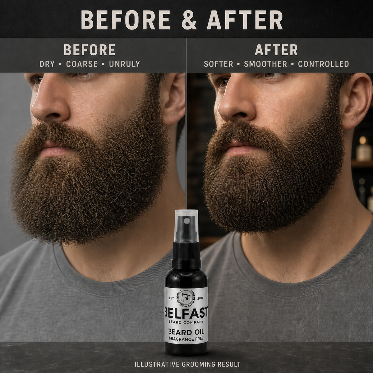 Before-and-after beard grooming comparison featuring Fragrance-Free Beard Oil 30ml