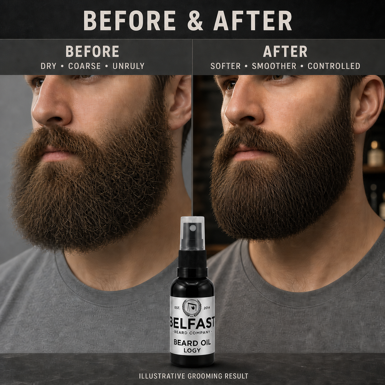 Before-and-after beard grooming comparison featuring Logy Beard Oil 30ml