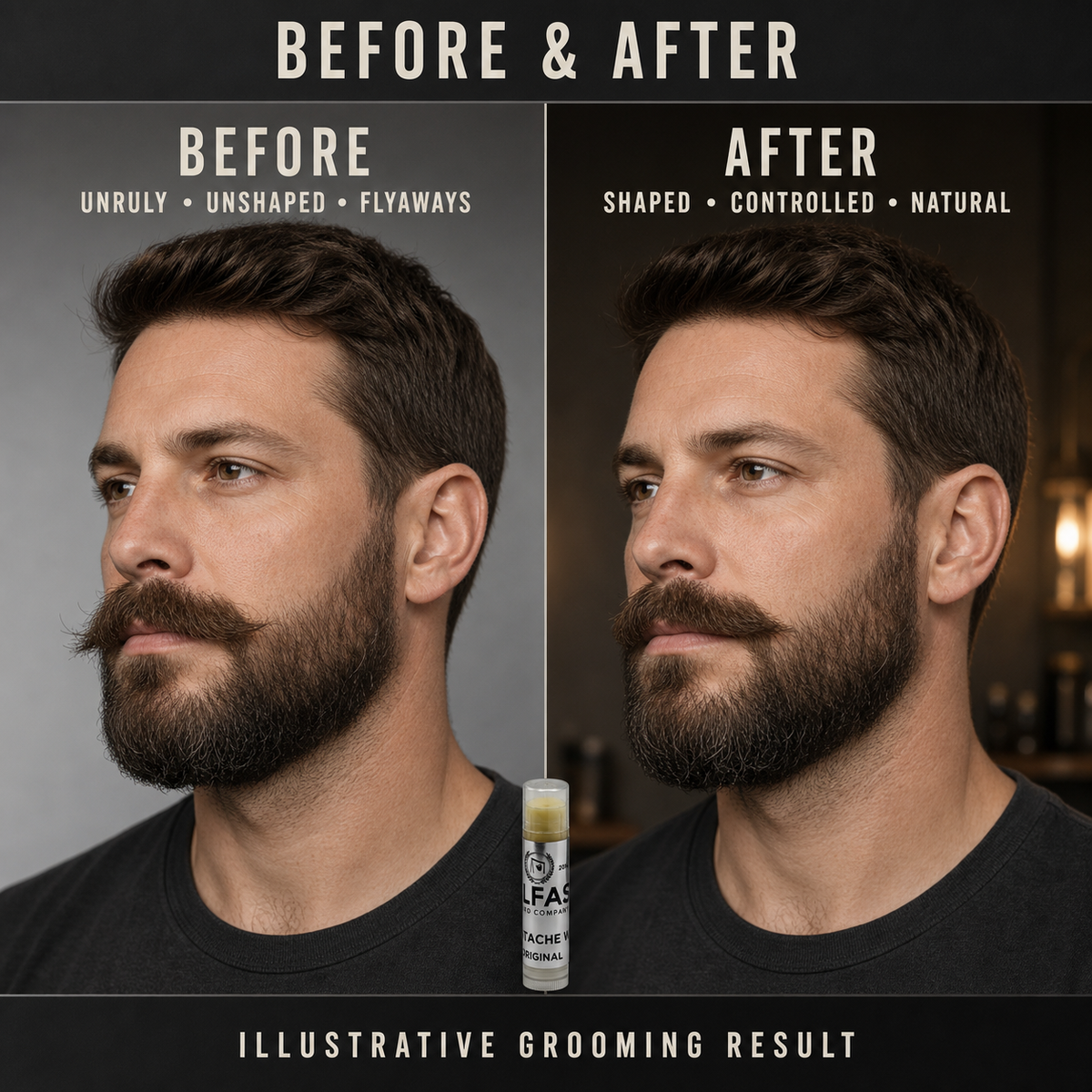 Before-and-after beard grooming comparison featuring Original Lippy Moustache Wax 5ml