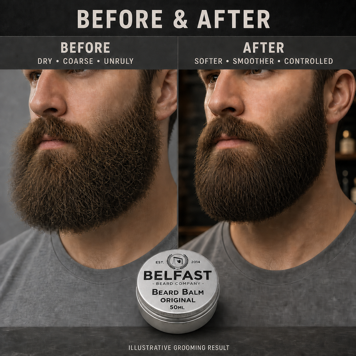 Before-and-after beard grooming comparison featuring Original Beard Balm 50ml