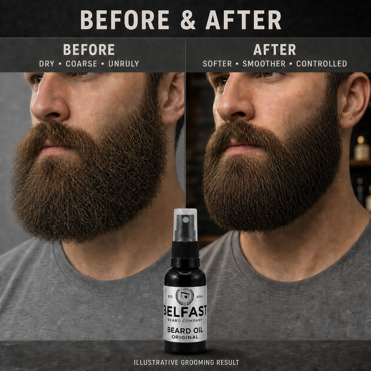 Before-and-after beard grooming comparison featuring Original Beard Oil 30ml