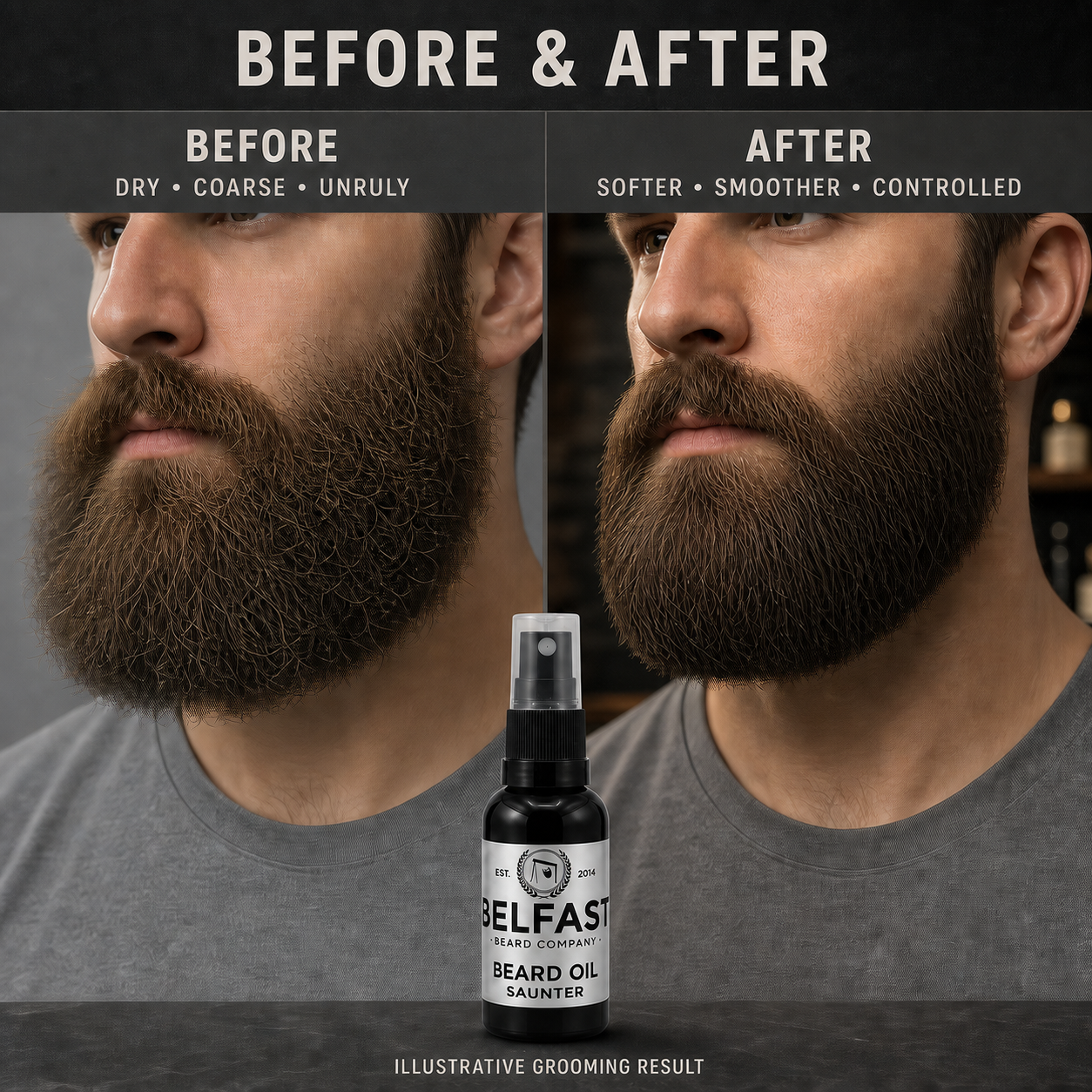 Before-and-after beard grooming comparison featuring Saunter Beard Oil 30ml