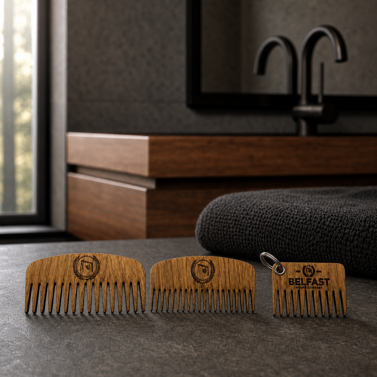 Oak Beard Comb displayed in a bathroom setting