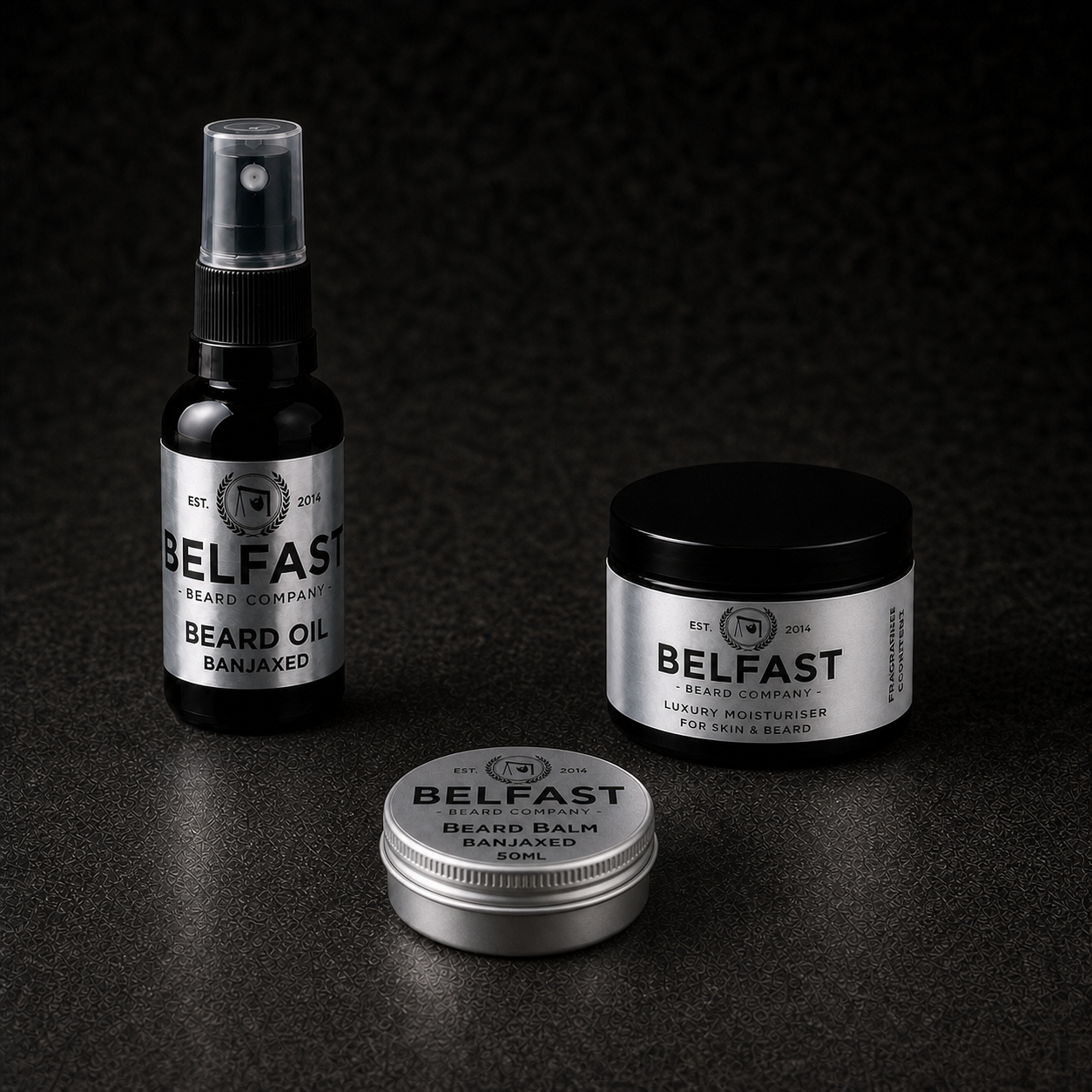Close-up detail of Beard Balm, Oil and Luxury Moisturiser Combo