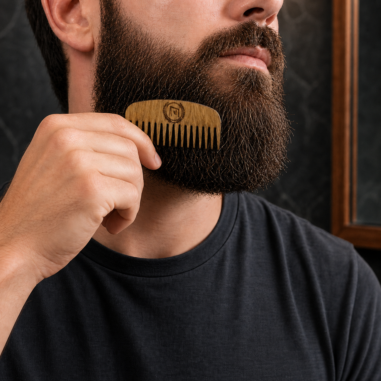 Oak Beard Comb being applied during a beard-care routine