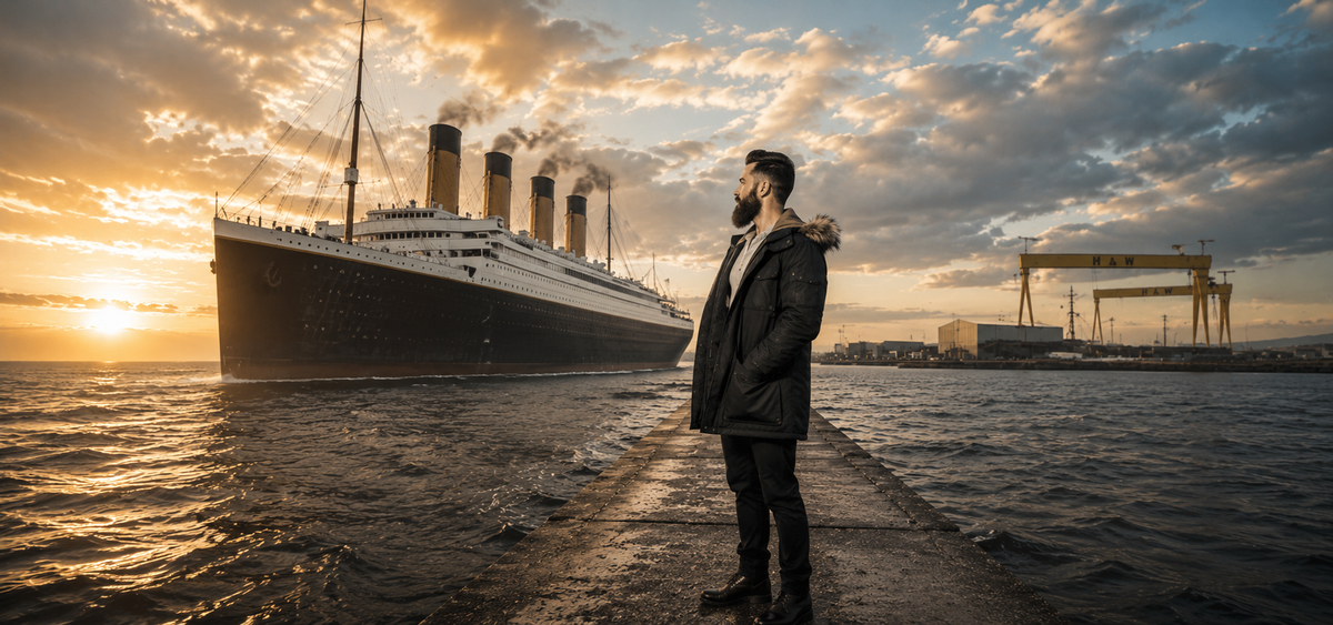 A man in a dark winter coat stands on a pier looking out toward the Titanic in the water, with a dramatic sunset sky, clouds, and harbor cranes in the background.